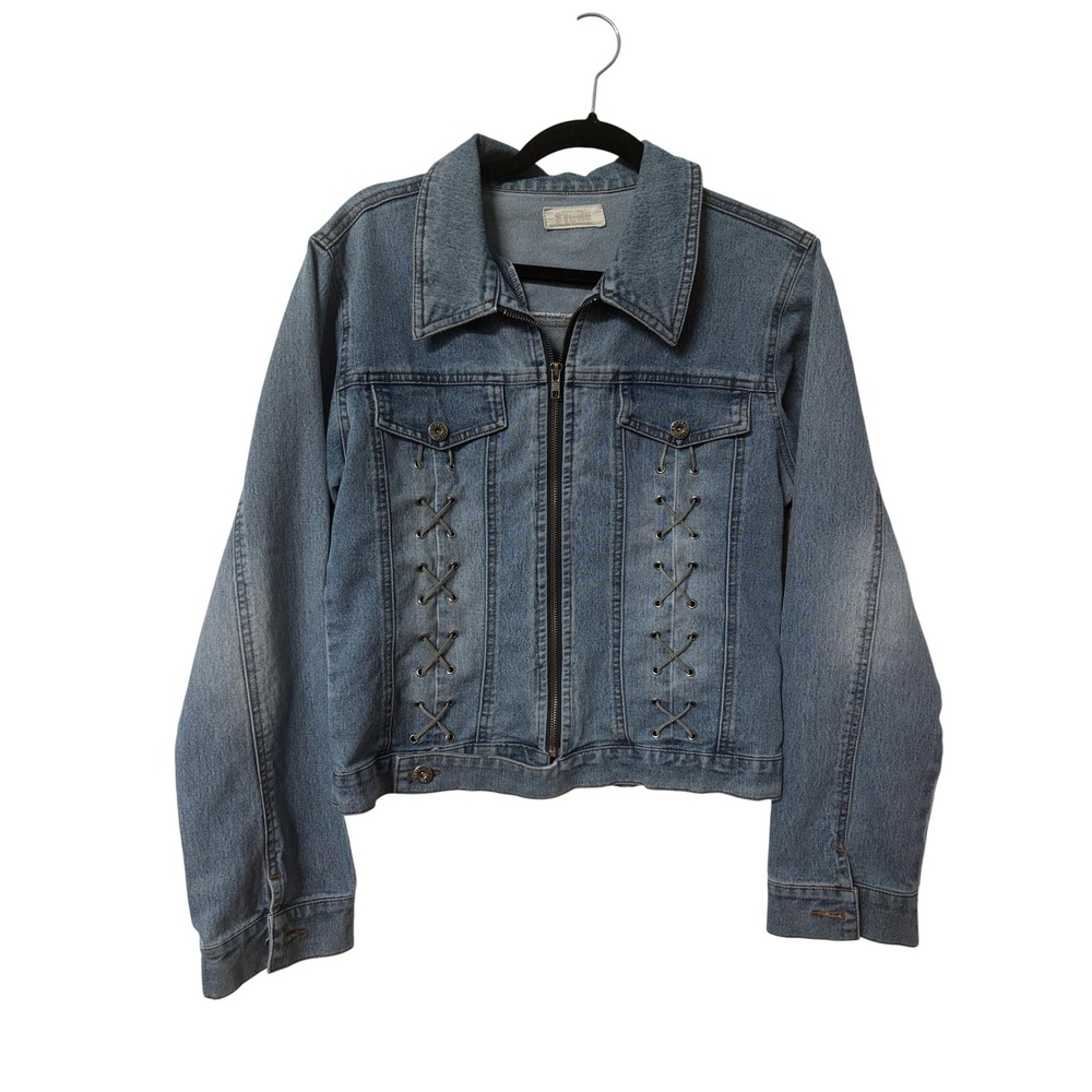 Y2K Stone Jeans Denim Jacket Medium Wash Lace Up Grommet Zip Front